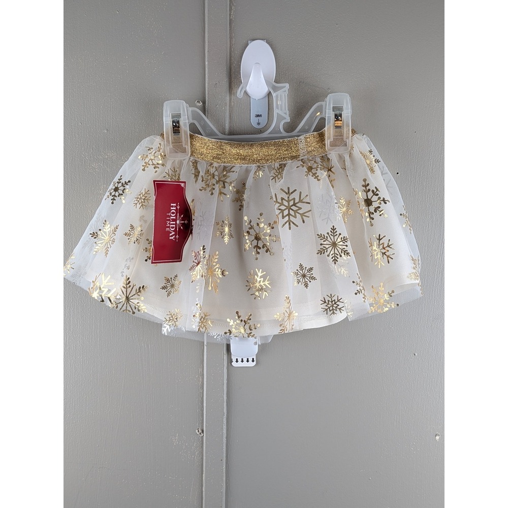 Holiday Time Baby Girl 12M White Gold Snowflake Tulle Tutu Skirt NWT